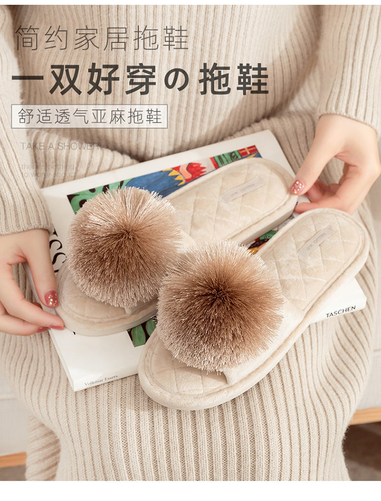 halluci Fish Mouth Plush Tassel Ball Slippers Non-Slip Rubber Bottom Home Comfortable Slippers for Women