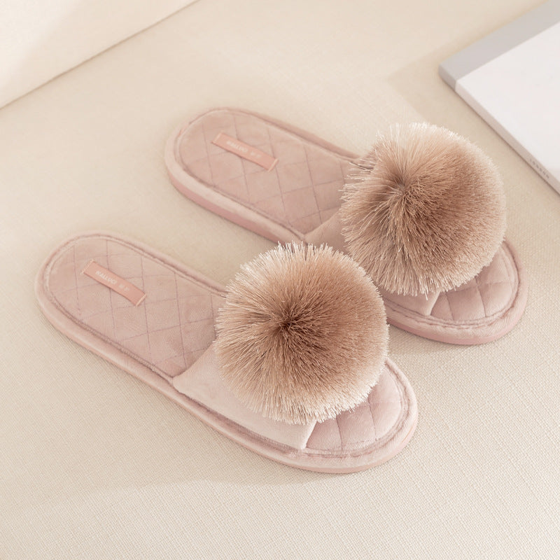 halluci Fish Mouth Plush Tassel Ball Slippers Non-Slip Rubber Bottom Home Comfortable Slippers for Women