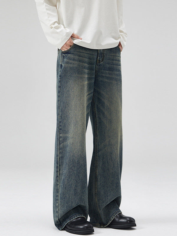 LKTM Men's Wear# American Washed Cat Whiskers Semi-elastic Waist A- shaped Jeans Men's and Women's Loose Wide Leg Lazy Wind Pants