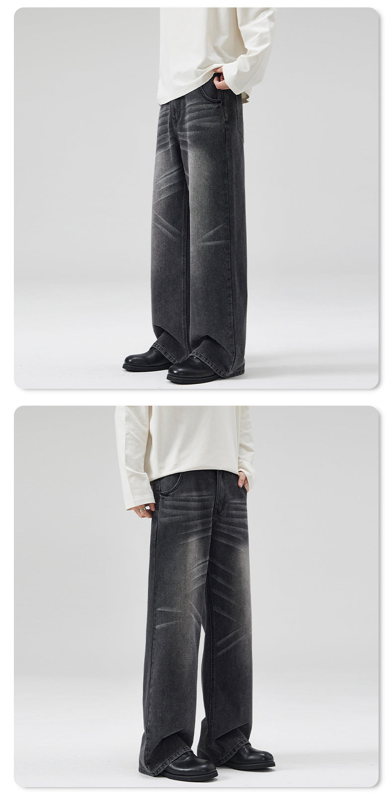 LKTM Men's Wear# American Washed Cat Whiskers Semi-elastic Waist A- shaped Jeans Men's and Women's Loose Wide Leg Lazy Wind Pants