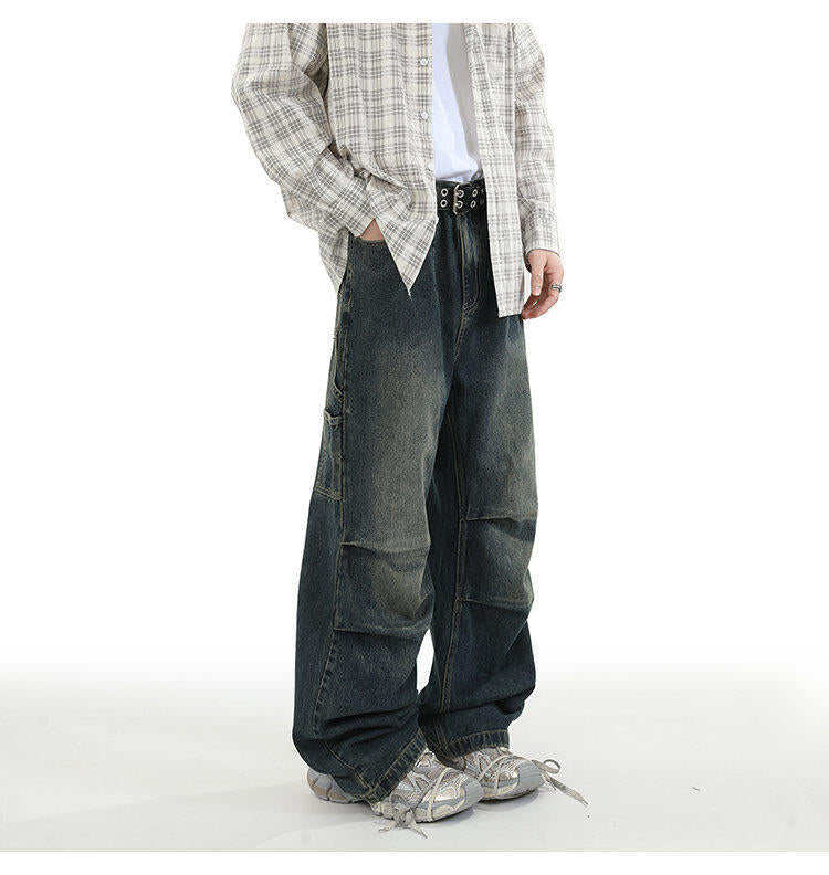 American Style Retro Baggy Jeans Men's 2025 Spring and Autumn Design Sense Fashion Brand Washed Workwear Wide Leg Straight Leg Pants