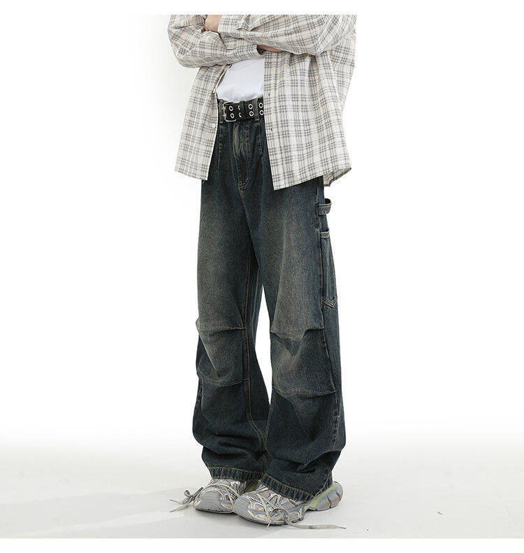 American Style Retro Baggy Jeans Men's 2025 Spring and Autumn Design Sense Fashion Brand Washed Workwear Wide Leg Straight Leg Pants