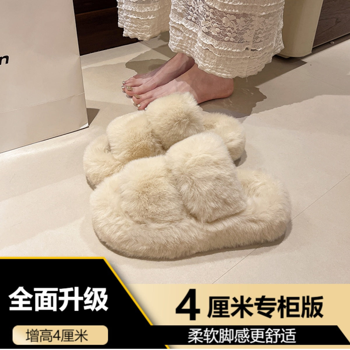 Furry Slippers for Women, 2025 New Autumn and Winter Models, Suitable for Home Use, Warm and Fashionable, Non-Slip Cotton Slippers