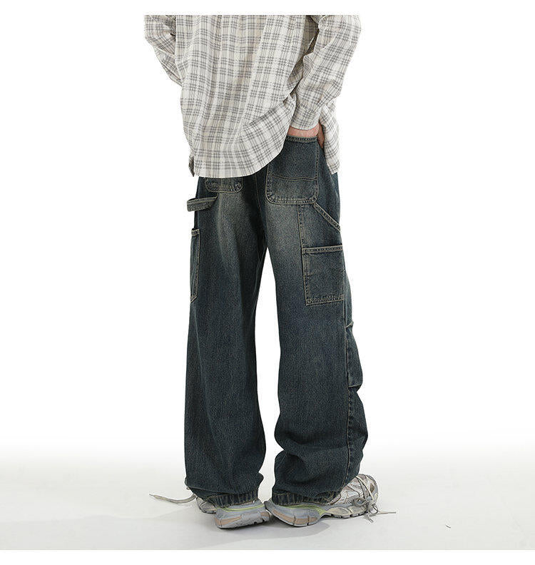 American Style Retro Baggy Jeans Men's 2025 Spring and Autumn Design Sense Fashion Brand Washed Workwear Wide Leg Straight Leg Pants