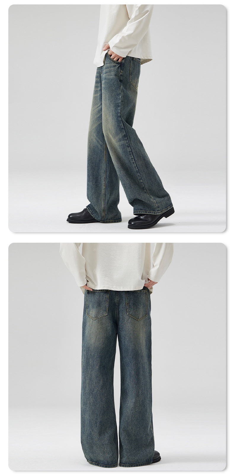 LKTM Men's Wear# American Washed Cat Whiskers Semi-elastic Waist A- shaped Jeans Men's and Women's Loose Wide Leg Lazy Wind Pants