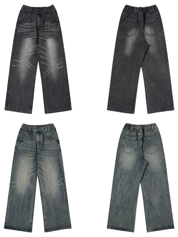 LKTM Men's Wear# American Washed Cat Whiskers Semi-elastic Waist A- shaped Jeans Men's and Women's Loose Wide Leg Lazy Wind Pants