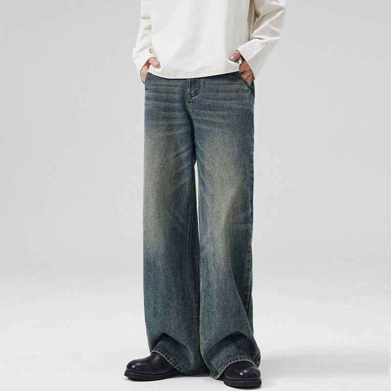 LKTM Men's Wear# American Washed Cat Whiskers Semi-elastic Waist A- shaped Jeans Men's and Women's Loose Wide Leg Lazy Wind Pants