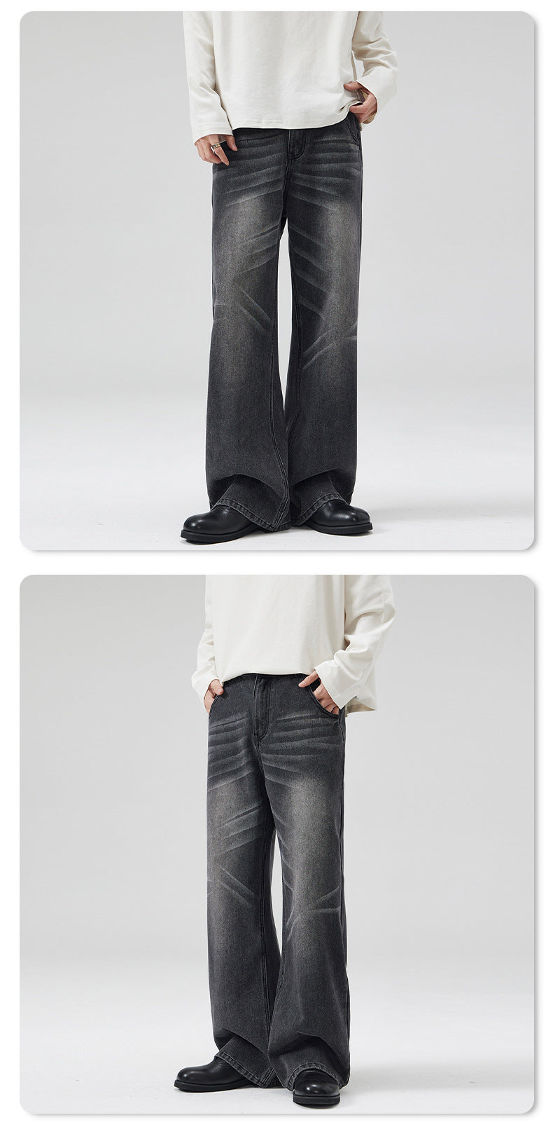 LKTM Men's Wear# American Washed Cat Whiskers Semi-elastic Waist A- shaped Jeans Men's and Women's Loose Wide Leg Lazy Wind Pants