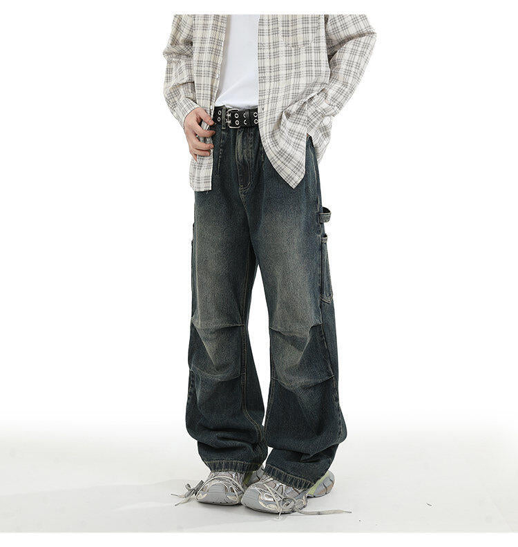 American Style Retro Baggy Jeans Men's 2025 Spring and Autumn Design Sense Fashion Brand Washed Workwear Wide Leg Straight Leg Pants