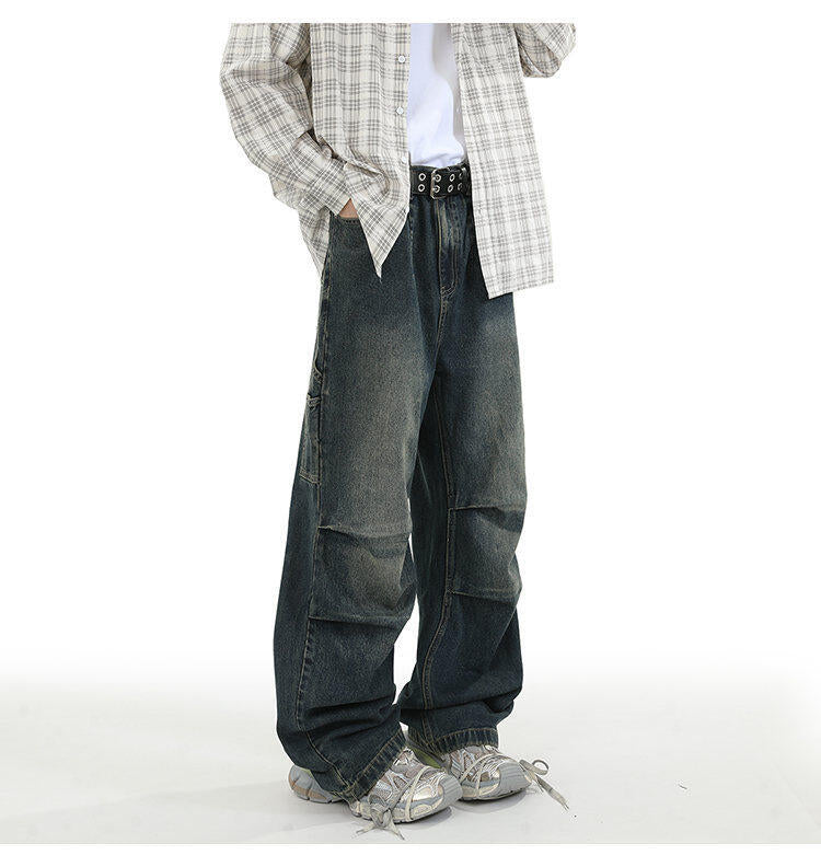 American Style Retro Baggy Jeans Men's 2025 Spring and Autumn Design Sense Fashion Brand Washed Workwear Wide Leg Straight Leg Pants