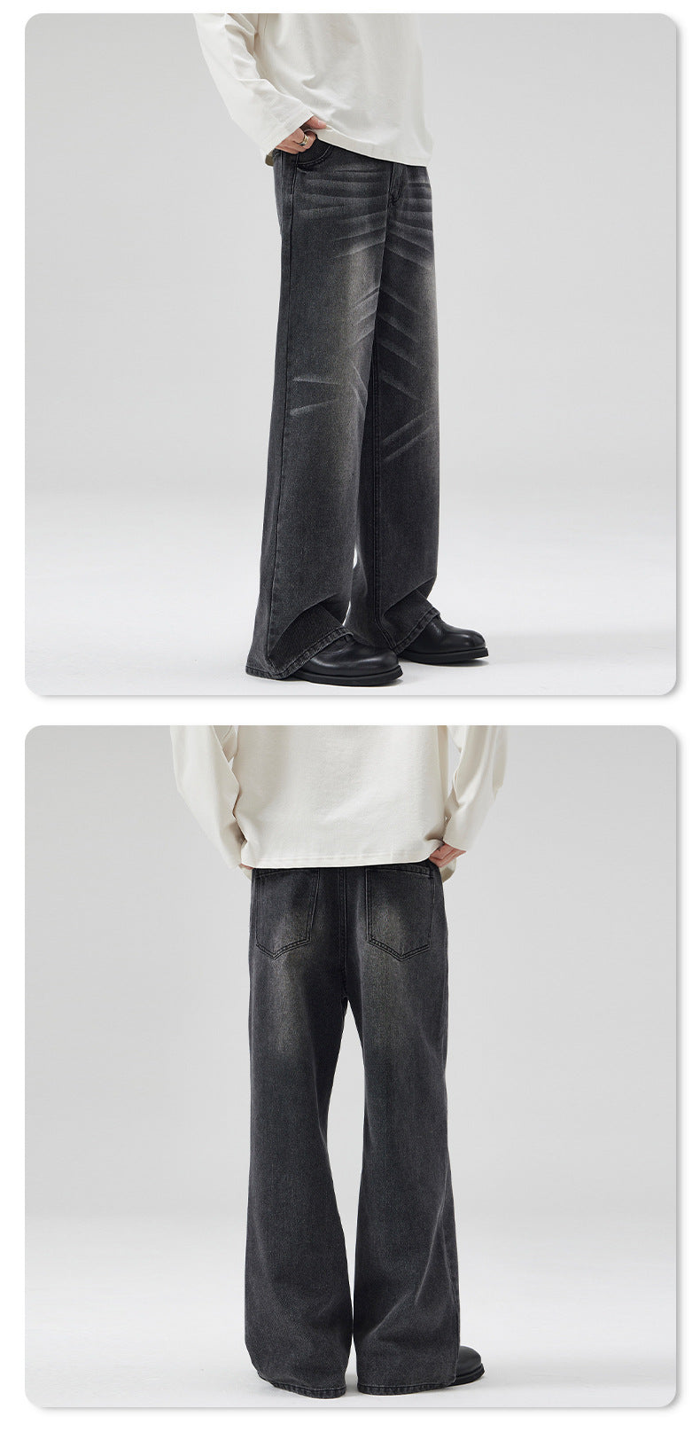 LKTM Men's Wear# American Washed Cat Whiskers Semi-elastic Waist A- shaped Jeans Men's and Women's Loose Wide Leg Lazy Wind Pants