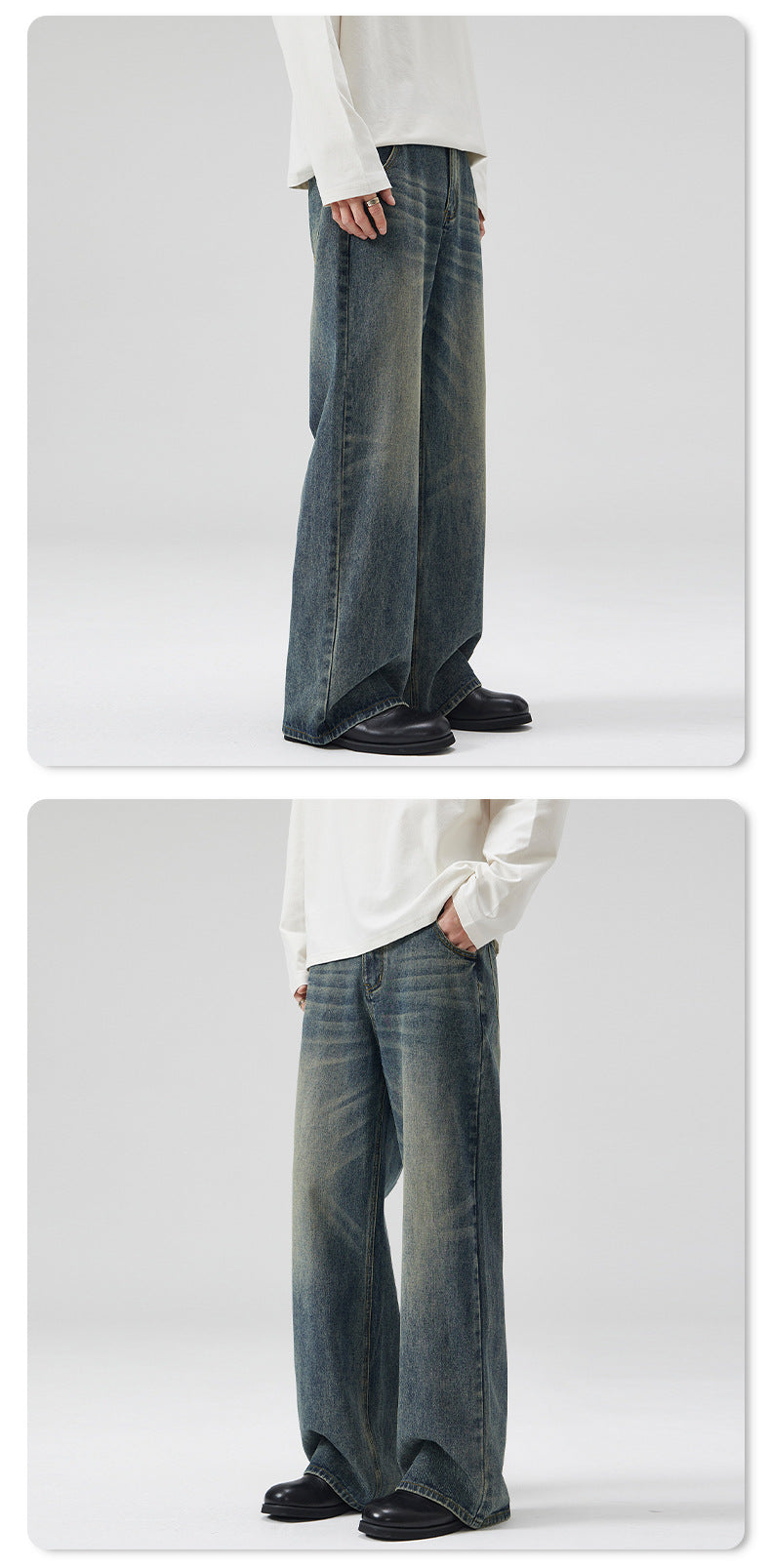 LKTM Men's Wear# American Washed Cat Whiskers Semi-elastic Waist A- shaped Jeans Men's and Women's Loose Wide Leg Lazy Wind Pants