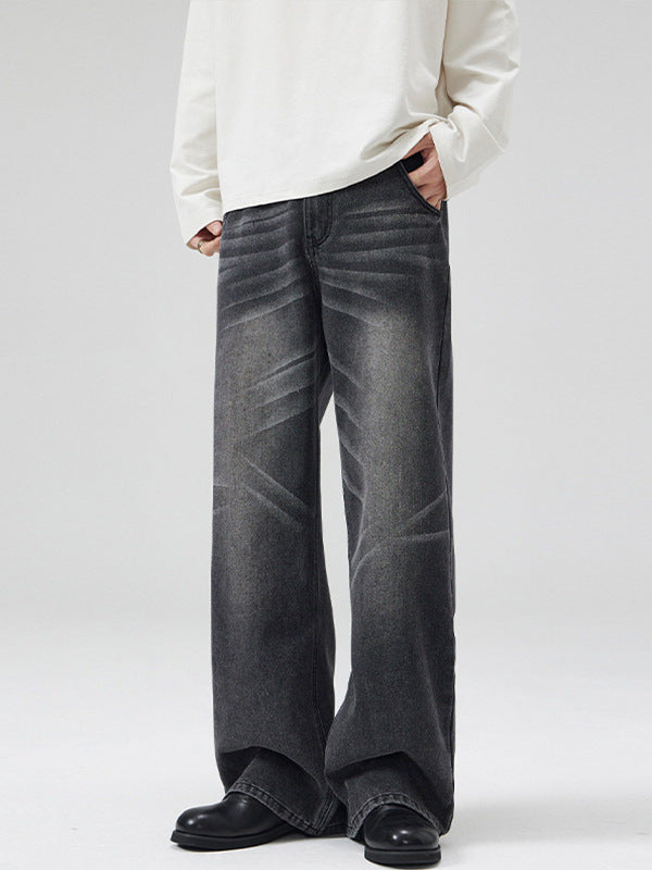 LKTM Men's Wear# American Washed Cat Whiskers Semi-elastic Waist A- shaped Jeans Men's and Women's Loose Wide Leg Lazy Wind Pants