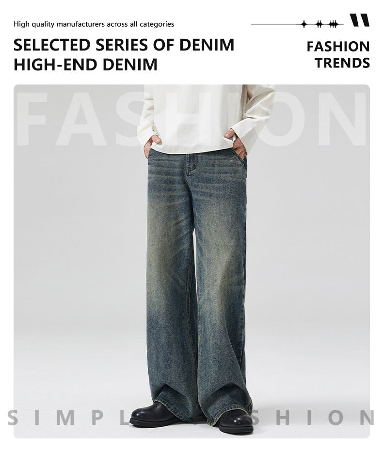 LKTM Men's Wear# American Washed Cat Whiskers Semi-elastic Waist A- shaped Jeans Men's and Women's Loose Wide Leg Lazy Wind Pants