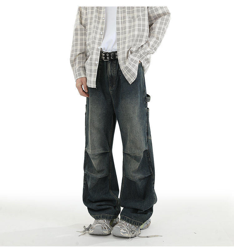 American Style Retro Baggy Jeans Men's 2025 Spring and Autumn Design Sense Fashion Brand Washed Workwear Wide Leg Straight Leg Pants