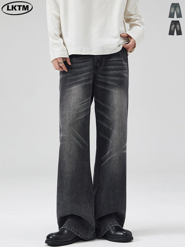 LKTM Men's Wear# American Washed Cat Whiskers Semi-elastic Waist A- shaped Jeans Men's and Women's Loose Wide Leg Lazy Wind Pants