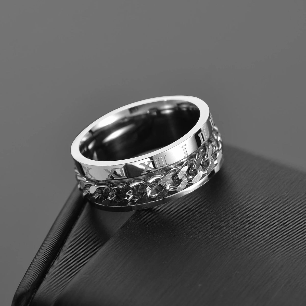 Freeteeme Cool Rotatable Chain Men Ring Stainless Steel High Quality Spinner Roman Numerals Punk Women Ring Jewelry Party Gift
