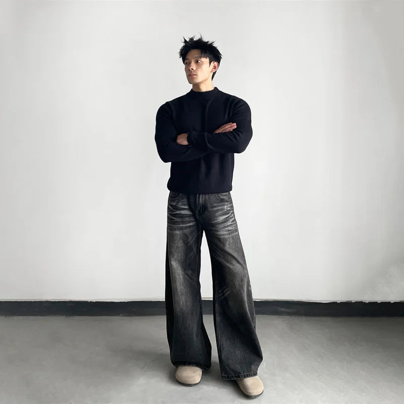 2026 Retro Streetwear Wide-Leg Jeans For Men Autumn Y2K Vintage Casual Denim Pants Man's Punk Fashion Washed Baggy Jean Trousers
