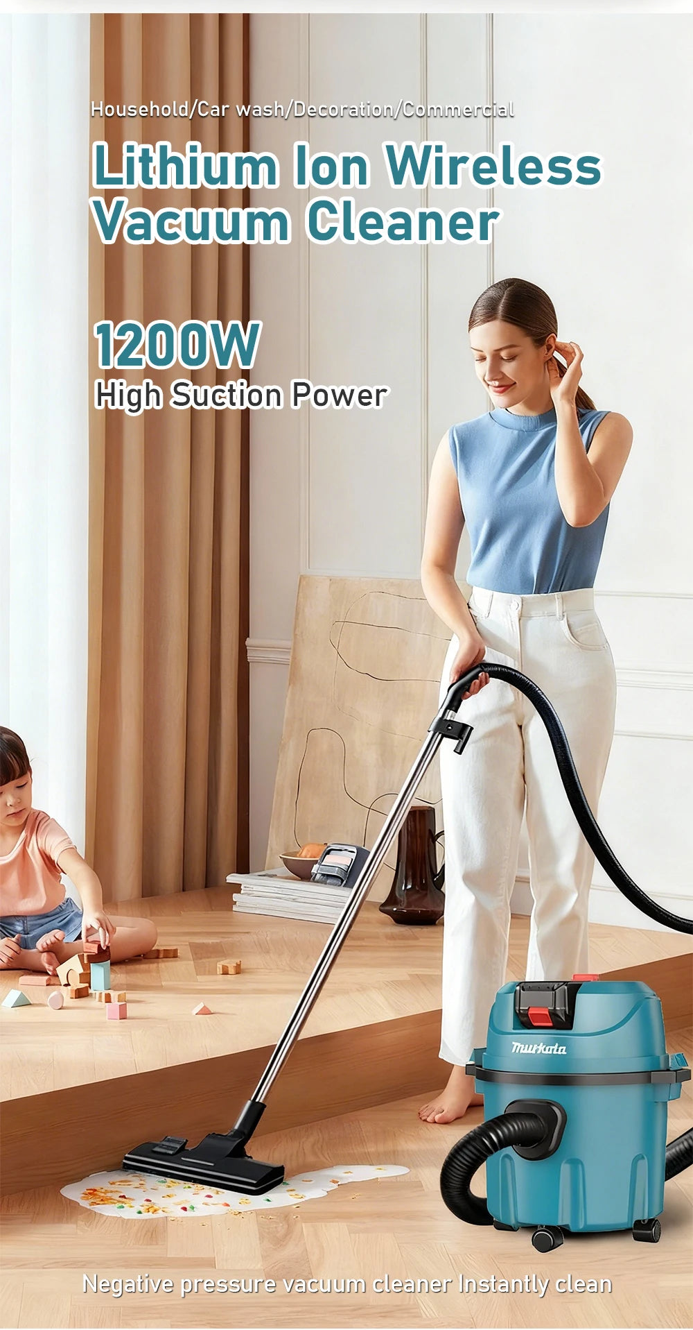 Industrial Wet Dry Vacuum Cleaner Rechargeable Cleaning Machine 15L Cordless Shop Vacuum for Job Site/Warehouse/Car Washing