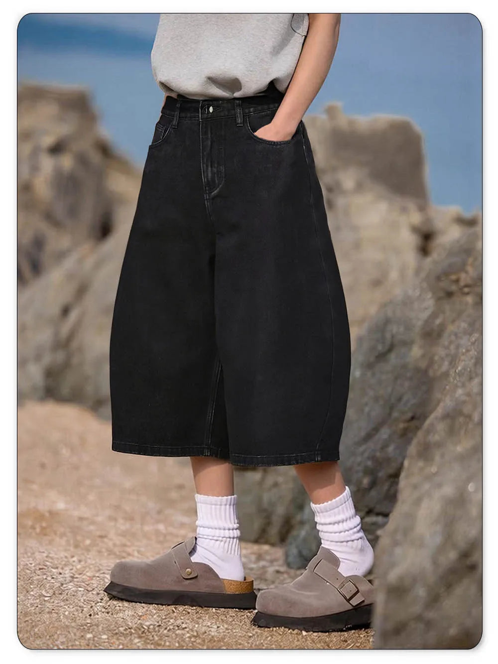 ONE·DINY American Style Retro Black Ultra Baggy Machete Wide Leg Denim Shorts Fashion Men's Women's Daily Jeans Capris Jeans