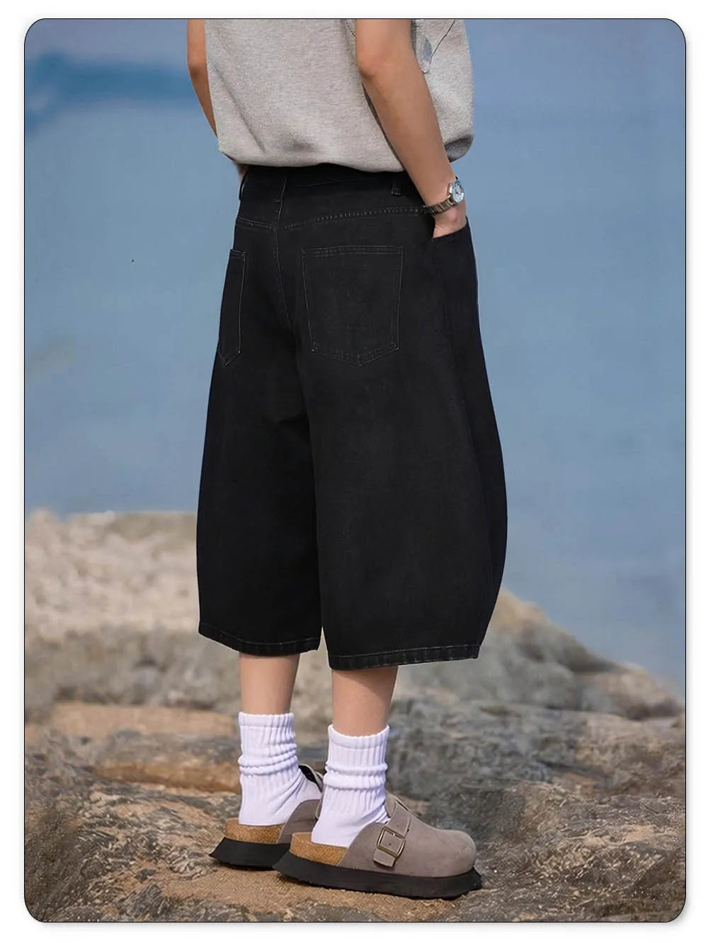 ONE·DINY American Style Retro Black Ultra Baggy Machete Wide Leg Denim Shorts Fashion Men's Women's Daily Jeans Capris Jeans