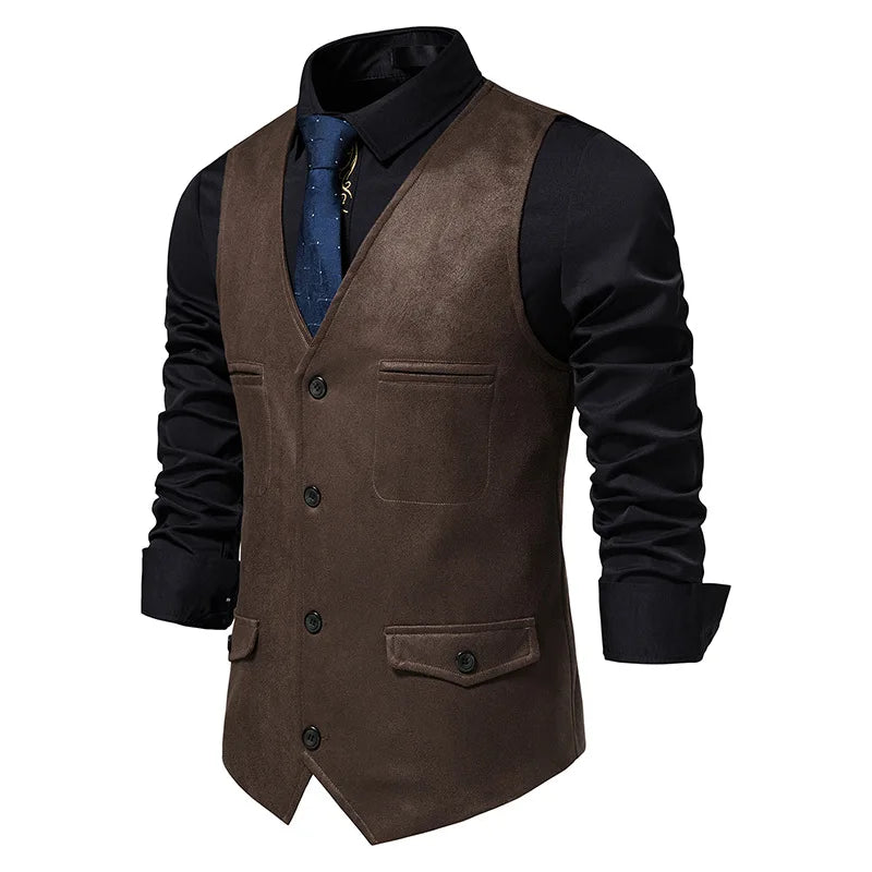 Fashion Men Clothing High Quality Suede Suit Vests Men's V Neck Sleeveless Business Formal Waistcoats Wedding Party Dress Vests