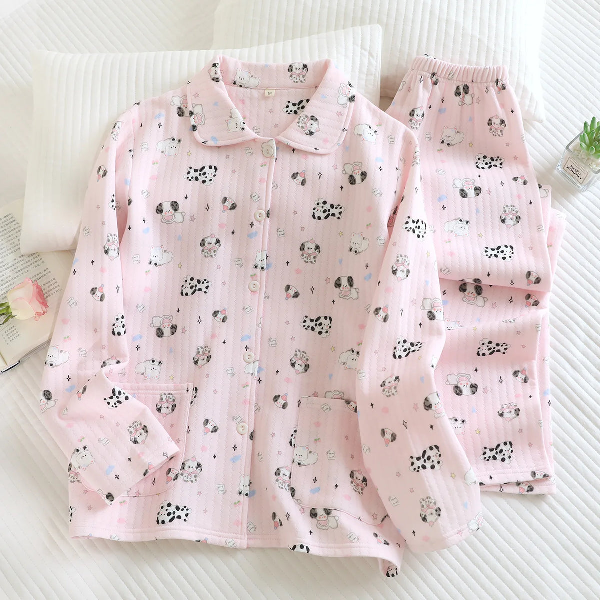 Women's Cotton Padded Air Layer Pure Cotton Home Clothes Lapel Long Sleeved Pants Sleepwear Autumn and Winter New Women Clothing
