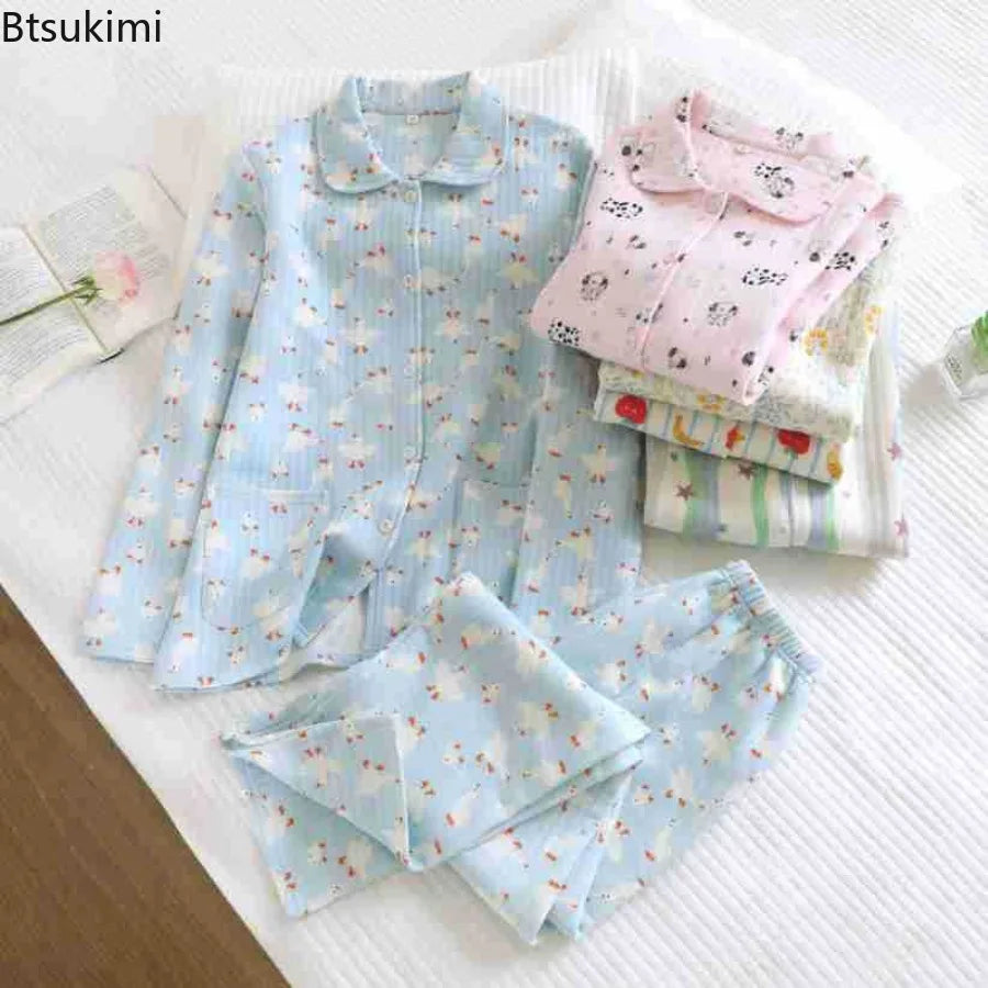 Women's Cotton Padded Air Layer Pure Cotton Home Clothes Lapel Long Sleeved Pants Sleepwear Autumn and Winter New Women Clothing