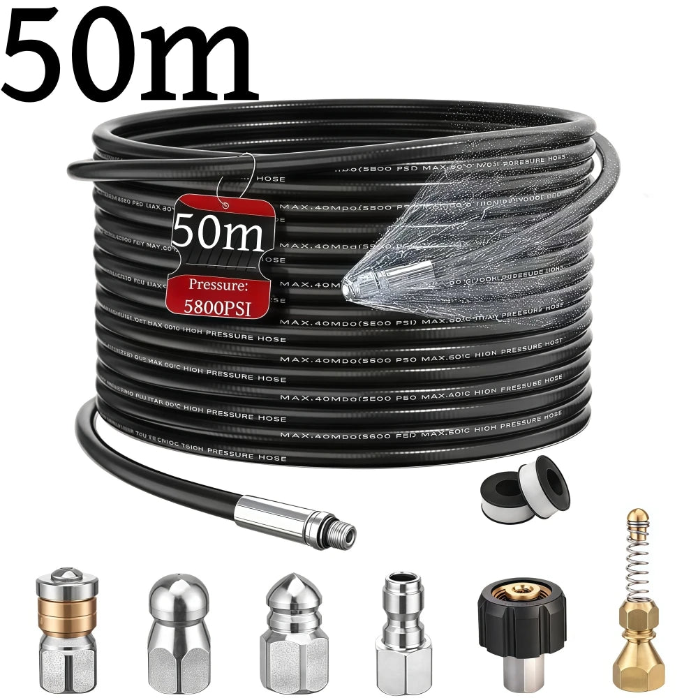 5~50m Pressure Washer Sewer Drain Water Cleaning Hose 5800PSI High Pressure Rotating Cleaning Nozzle For Karcher Bosch Lavor
