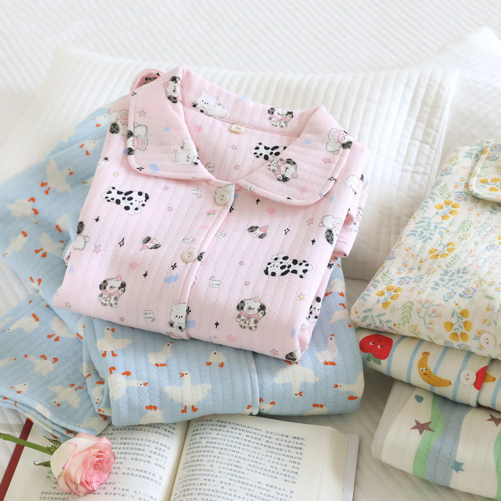 Women's Cotton Padded Air Layer Pure Cotton Home Clothes Lapel Long Sleeved Pants Sleepwear Autumn and Winter New Women Clothing