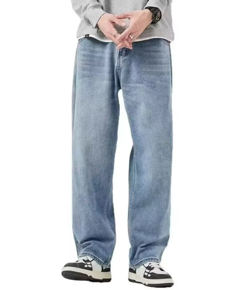 New Bent Knife Jeans for Men American Retro Washed Distressed Wide Leg Pants Four Seasons Loose Straight Leg Feelin Street Jeans