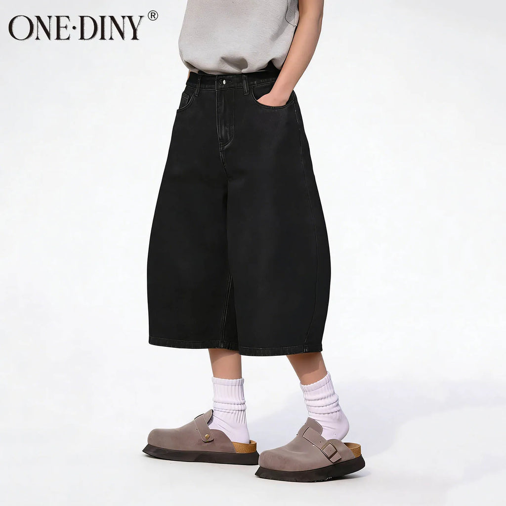 ONE·DINY American Style Retro Black Ultra Baggy Machete Wide Leg Denim Shorts Fashion Men's Women's Daily Jeans Capris Jeans