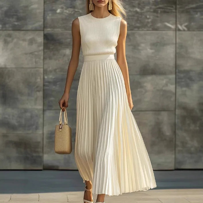 Women Dresses 2026 elegant casual comfortable cream-colored chiffon sleeveless pleated long dress women's clothing vestidoes