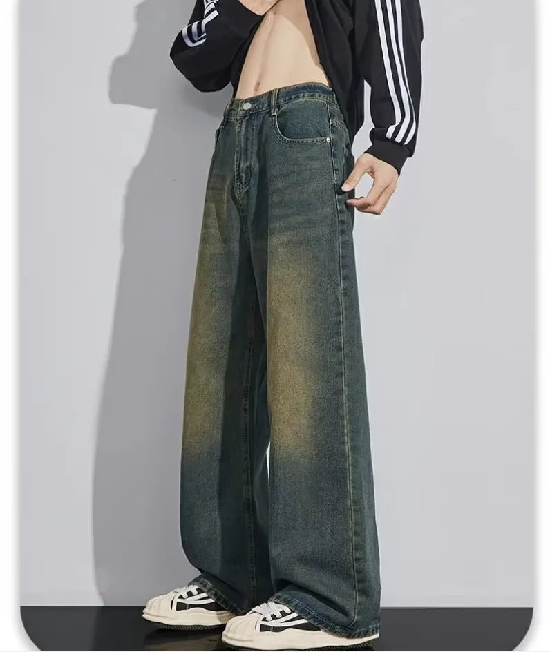 New Bent Knife Jeans for Men American Retro Washed Distressed Wide Leg Pants Four Seasons Loose Straight Leg Feelin Street Jeans
