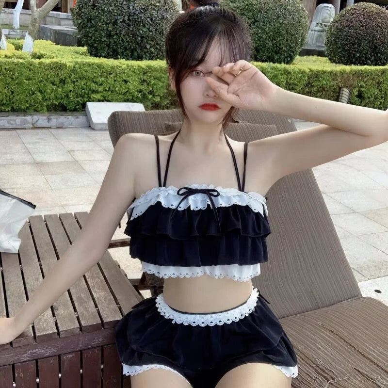 Bikini Sets Women Kawaii Girlish Design Tender Teens Slim Chic Beach Simple Feminino Daily Ruffles Japan Style Cool Sexy