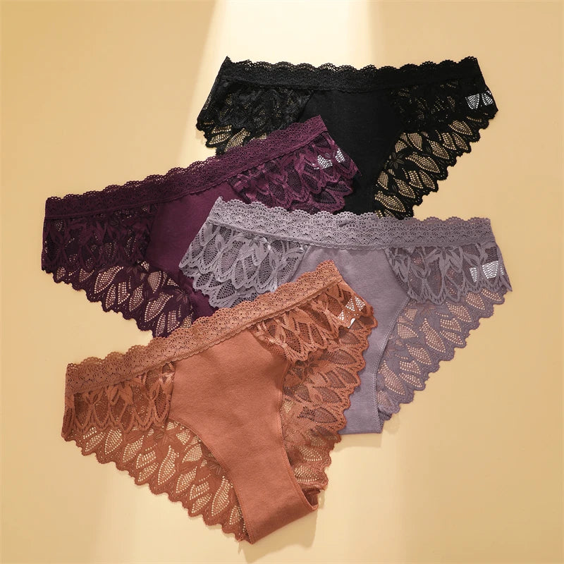 FINETOO 3Pcs Lace Hollow Out Underwear for Women Sexy Low-Waist Floral Briefs Female Invisible Breathable Lingerie Soft Intimate