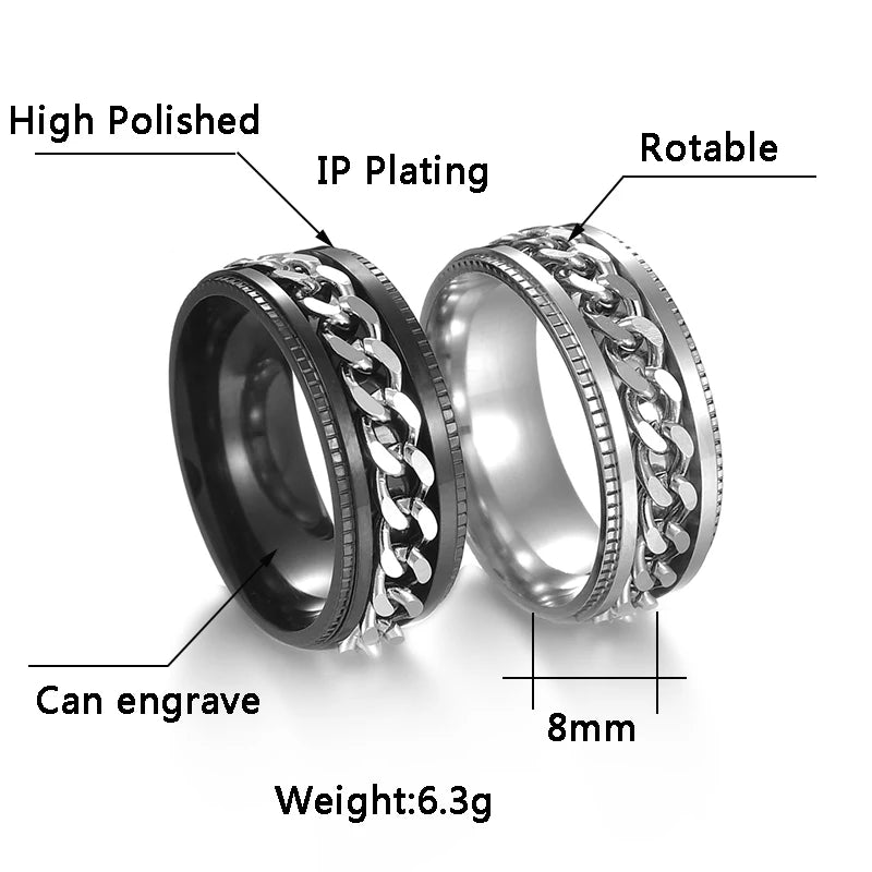 Freeteeme Cool Rotatable Chain Men Ring Stainless Steel High Quality Spinner Roman Numerals Punk Women Ring Jewelry Party Gift