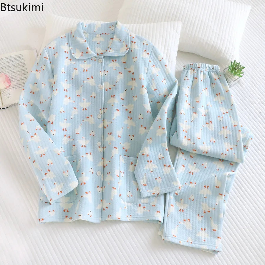 Women's Cotton Padded Air Layer Pure Cotton Home Clothes Lapel Long Sleeved Pants Sleepwear Autumn and Winter New Women Clothing