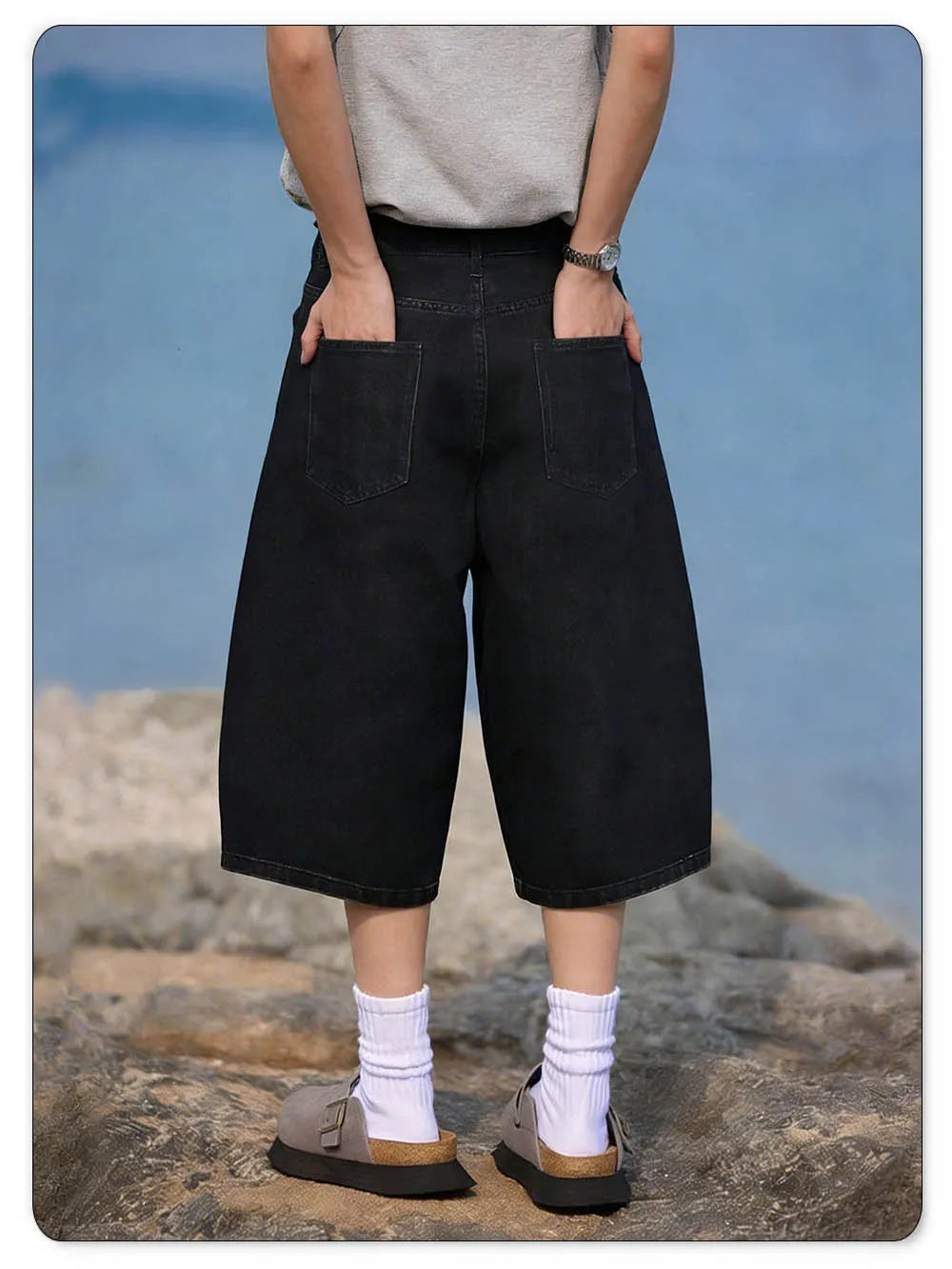 ONE·DINY American Style Retro Black Ultra Baggy Machete Wide Leg Denim Shorts Fashion Men's Women's Daily Jeans Capris Jeans