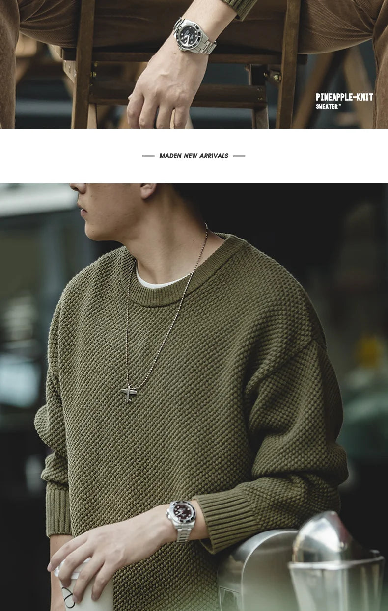 Maden Workwear Men's Vintage Heavyweight Grey Pineapple Pattern Sweater Thickened Round Neck Lazy Autumn Knit