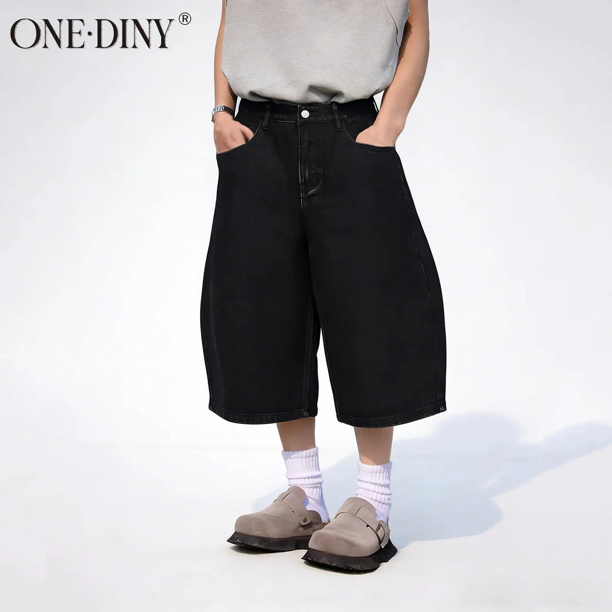ONE·DINY American Style Retro Black Ultra Baggy Machete Wide Leg Denim Shorts Fashion Men's Women's Daily Jeans Capris Jeans