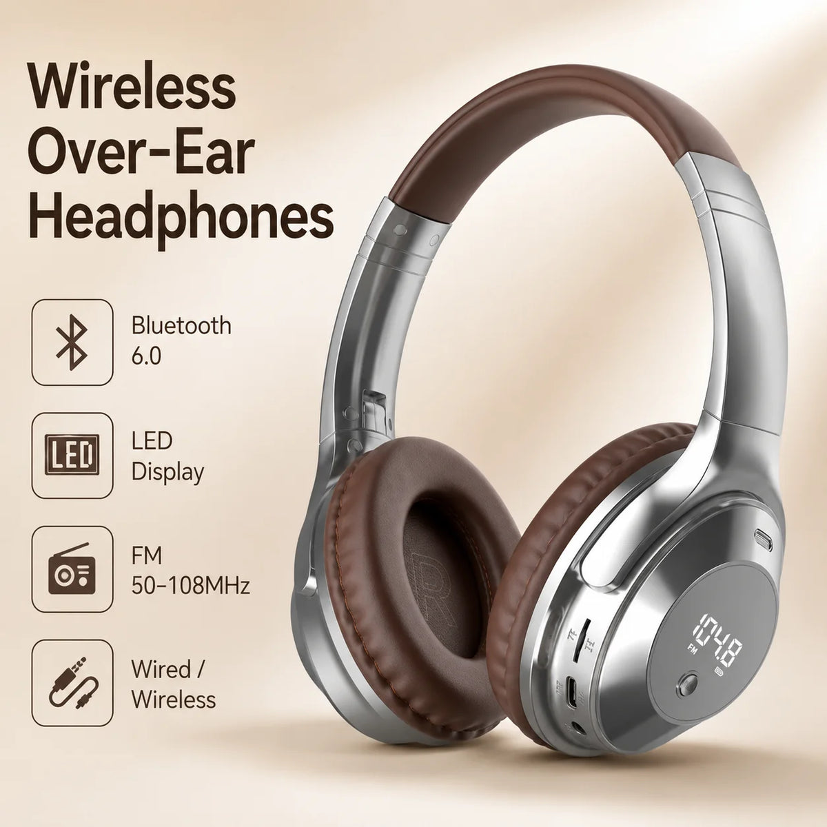 Headphones Exam FM Radio Bluetooth 6.0 Over-Ear Headset 12H Playtime LED Display TF Card AUX Type-C for English Listening