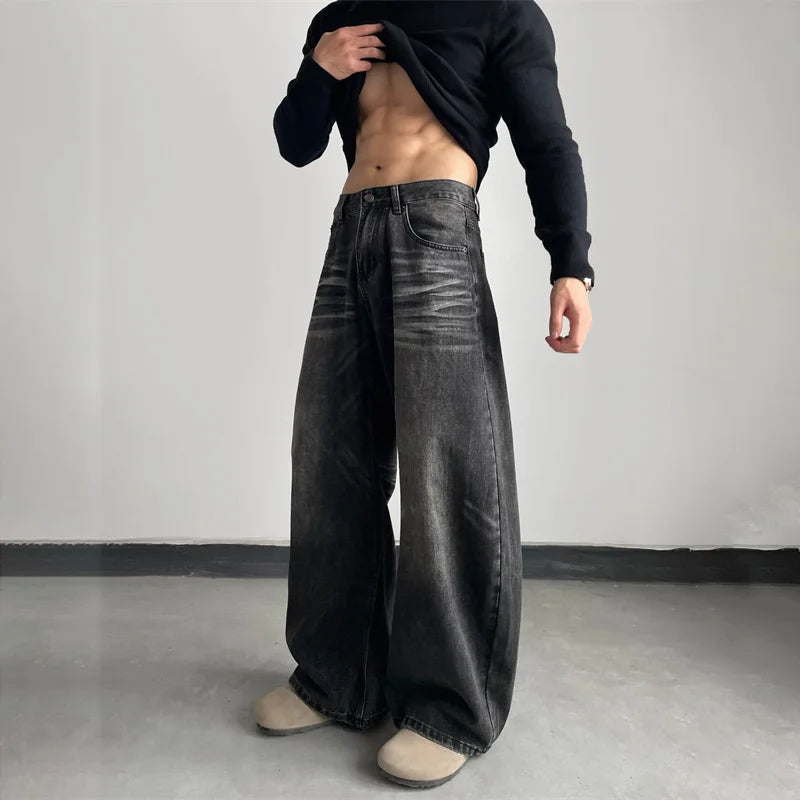 2026 Retro Streetwear Wide-Leg Jeans For Men Autumn Y2K Vintage Casual Denim Pants Man's Punk Fashion Washed Baggy Jean Trousers