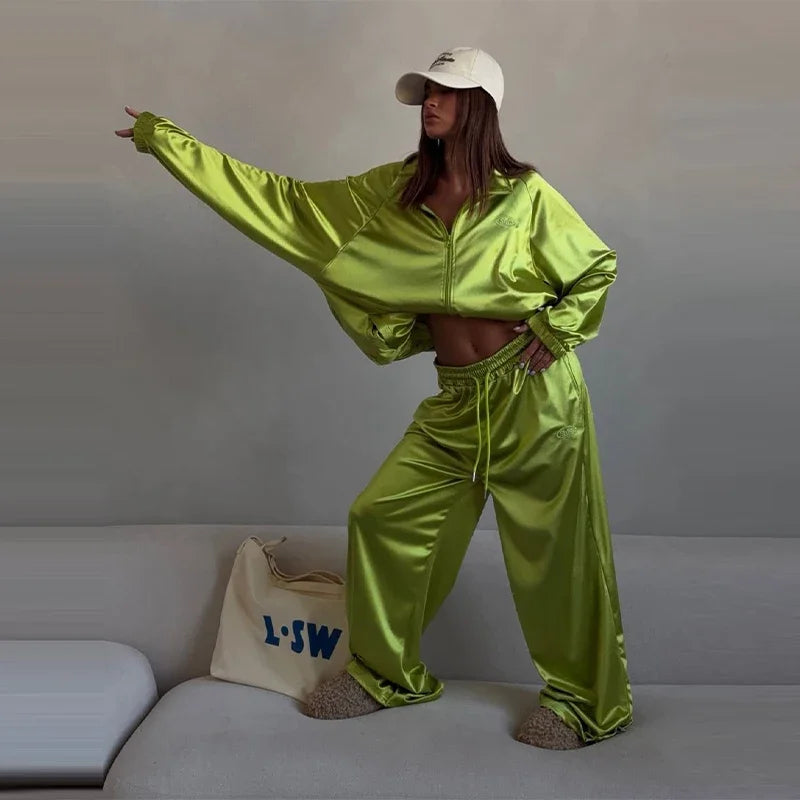 Casual Two-piece Women's Clothing 2026 Spring and Summer New Fashion Trend Lapel Loose Sweatshirt Jacket Wide-leg Pants Sports