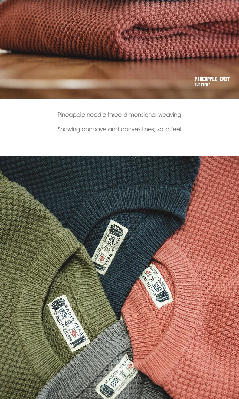 Maden Workwear Men's Vintage Heavyweight Grey Pineapple Pattern Sweater Thickened Round Neck Lazy Autumn Knit