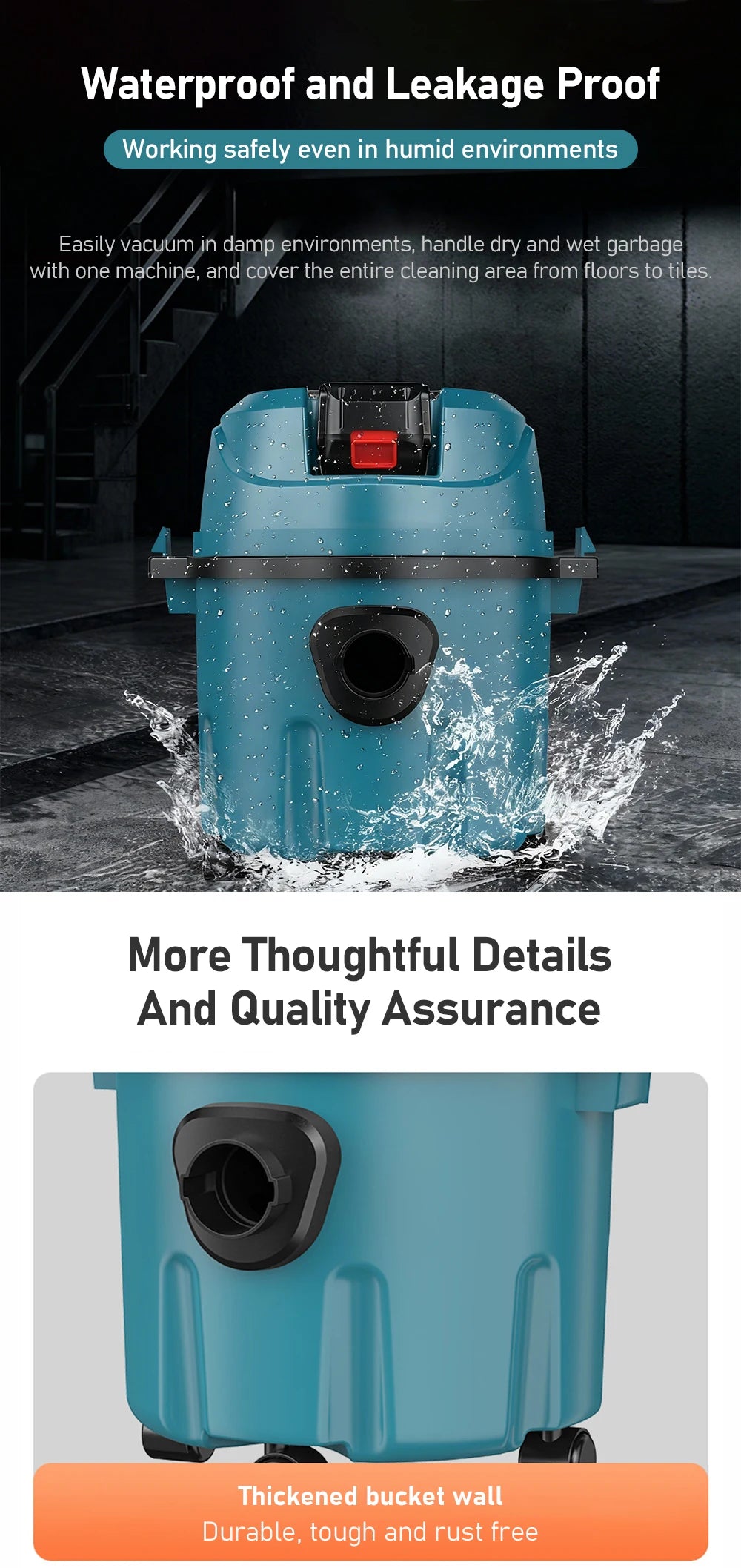 Industrial Wet Dry Vacuum Cleaner Rechargeable Cleaning Machine 15L Cordless Shop Vacuum for Job Site/Warehouse/Car Washing