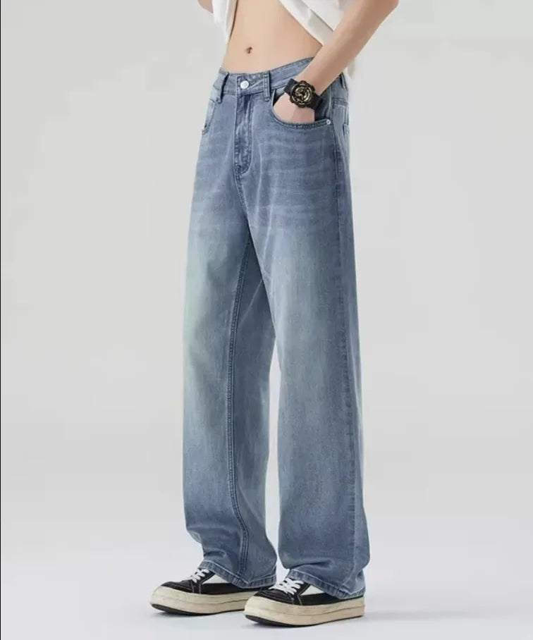 New Bent Knife Jeans for Men American Retro Washed Distressed Wide Leg Pants Four Seasons Loose Straight Leg Feelin Street Jeans