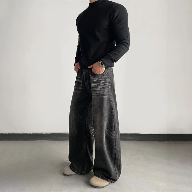 2026 Retro Streetwear Wide-Leg Jeans For Men Autumn Y2K Vintage Casual Denim Pants Man's Punk Fashion Washed Baggy Jean Trousers