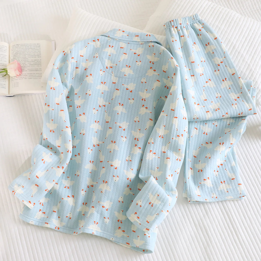 Women's Cotton Padded Air Layer Pure Cotton Home Clothes Lapel Long Sleeved Pants Sleepwear Autumn and Winter New Women Clothing