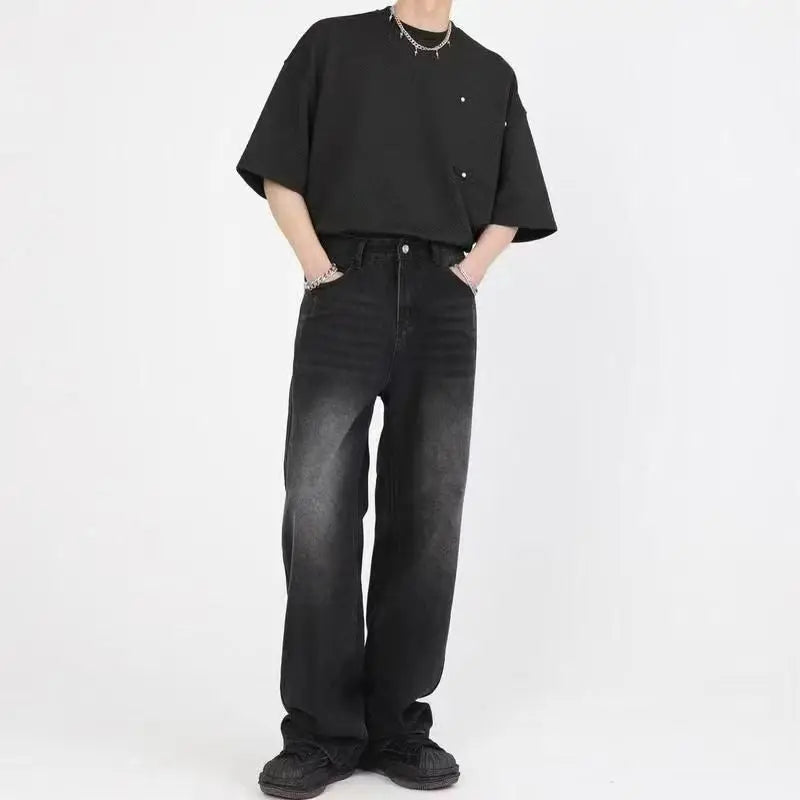 New Bent Knife Jeans for Men American Retro Washed Distressed Wide Leg Pants Four Seasons Loose Straight Leg Feelin Street Jeans